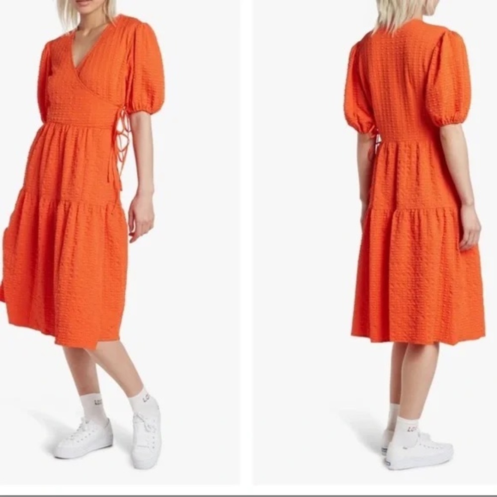 TOPSHOP Textured Puff Sleeve Wrap Dress NEW Size 8 Bohemian Orange Summer 2026